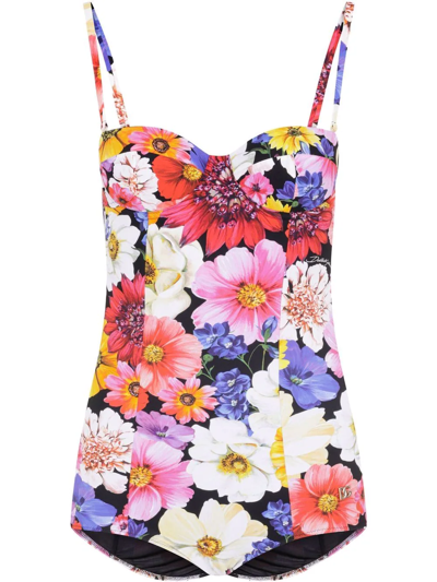 Dolce & Gabbana Floral-print Underwire Cup Swimsuit In Schwarz