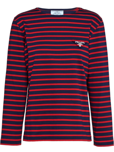 Prada Triangle-logo Striped Long-sleeved T-shirt In F0e7d Rosso Blu