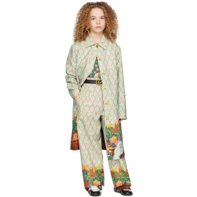 Gucci Kids Multicolor Cat Print Coat In 3610 Acqua/pink/mc