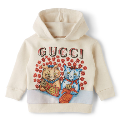 Gucci Baby Off-white Cotton Cat Print Hoodie In 9061 White/multicolo