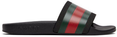 Gucci Kids' Black Webbing Stripe Printed Slides In Green Oth