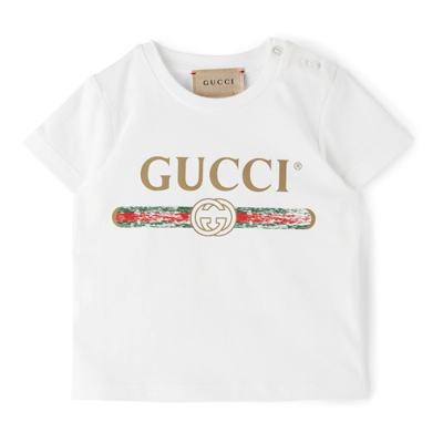 Gucci Baby White Logo T-shirt In 9112 White/green/red