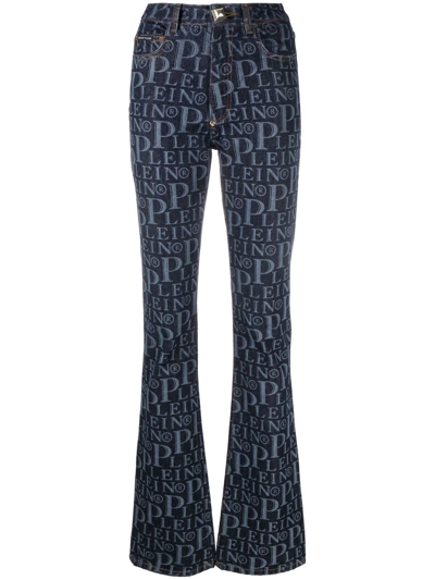 Philipp Plein All-over Logo Flared Jeans In Blue