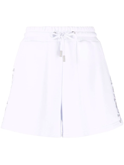 Philipp Plein Rhinestone-skull Drawstring Cotton Shorts In White