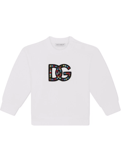 Dolce & Gabbana Babies' Jersey Sweatshirt With Multi-colored Dg Logo Patch In White