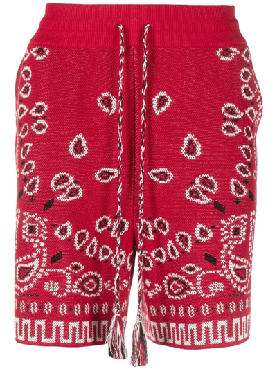 Alanui Straight-leg Bandana-jacquard Cotton-blend Drawstring Shorts In Red