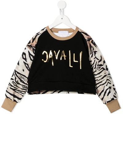 Roberto Cavalli Kids' Animal-sleeve Logo-print Top In Brown