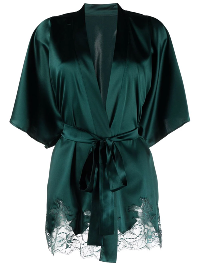 Fleur Of England Ela Green Silk-blend Robe In Dark Green
