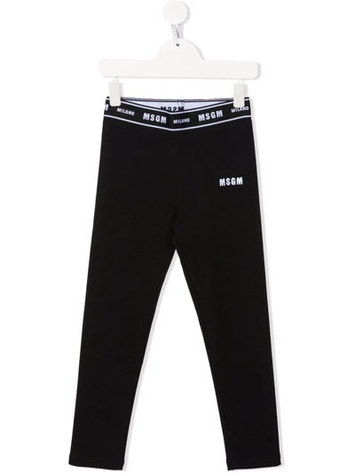 Msgm Kids' Logo Waistband Mid-rise Leggings In Black