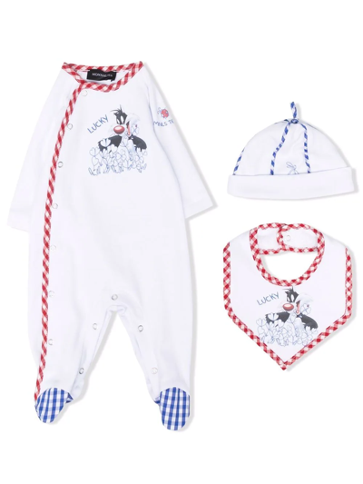 Monnalisa Boys White Sylvester Babygrow Set In White + Red