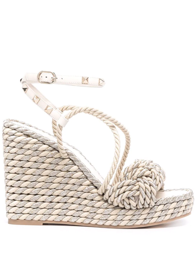 Valentino Garavani Neutral Rockstud Torchon 115 Wedge Espadrilles In Ivory