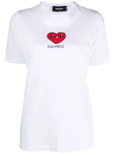 Dsquared2 Logo心形印花棉质平纹针织t恤 In White