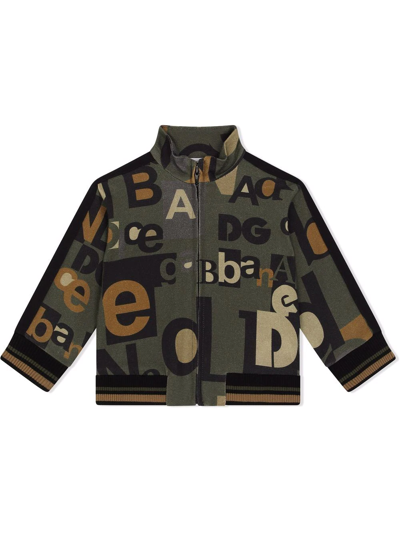 Dolce & Gabbana Babies' Kids Cotton Logo Print Zip-up Jacket In Khaki