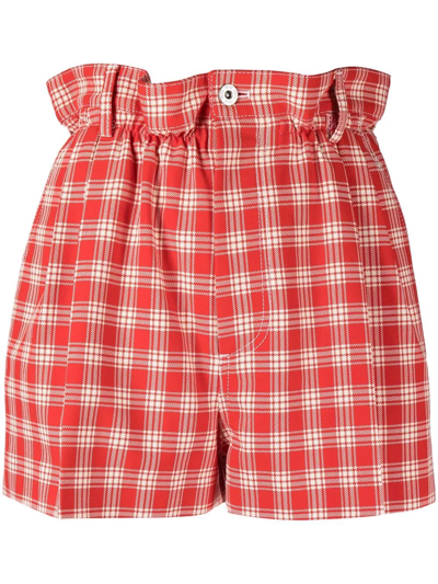Miu Miu Paperbag-waist Checked Shorts In Red/white