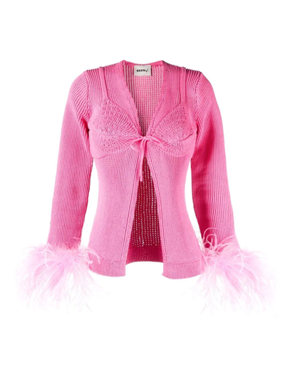 Seen Users Feather-trim Open-knit Cardigan In Pink