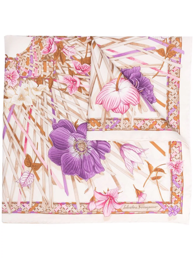 Ferragamo Floral Print Silk Scarf In Neutrals