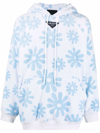 Prada Logo-plaque Floral-print Hoodie In Light Blue