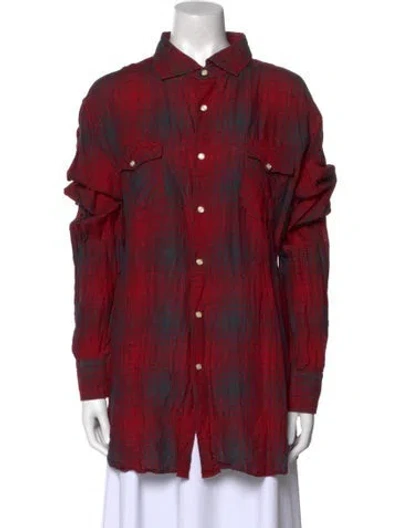 Pre-owned 45r Linen Plaid Print Button-up Top In Red