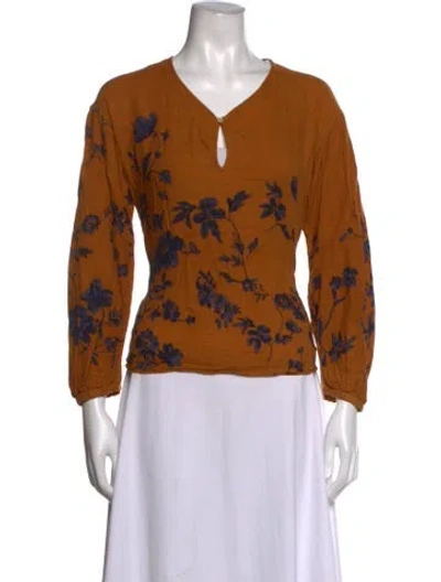 Pre-owned 45rpm Floral Print V-neck Blouse In Brown