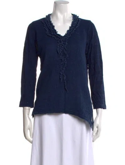 Pre-owned 45rpm V-neck Three-quarter Sleeve Top In Blue