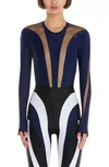 Mugler Illusion Mesh Long Sleeve Bodysuit In Midnight Blue/ Black