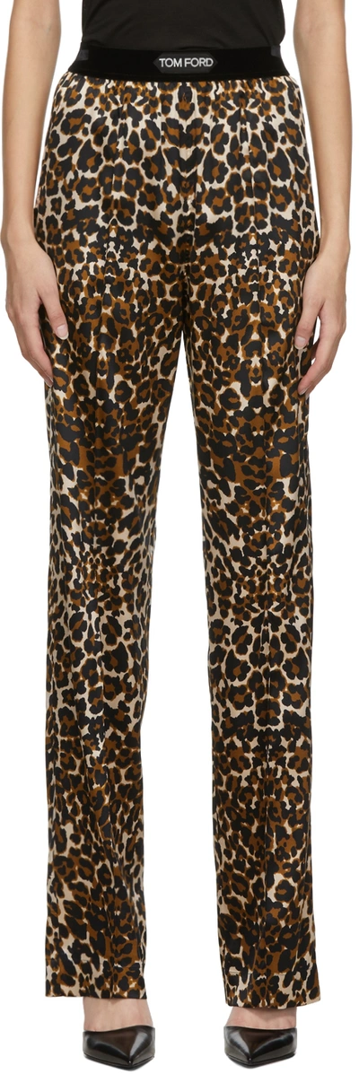 Tom Ford Velvet-trimmed Leopard-print Stretch-silk Satin Pants In Multi-colored