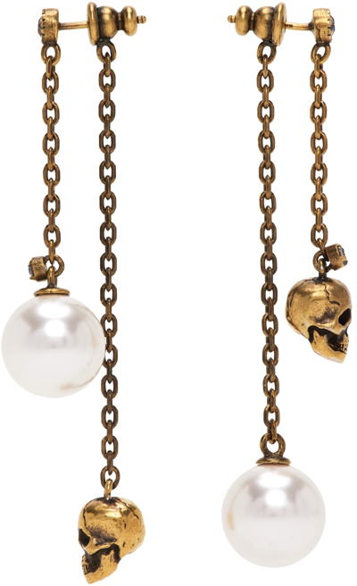 Alexander Mcqueen Pearl-embellished Skull Pendant Earrings In Gold,metallic