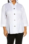 Ming Wang Ruffle Neck Button Front Cotton Poplin Blouse In White