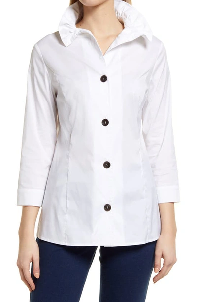 Ming Wang Ruffle Neck Button Front Cotton Poplin Blouse In White Black