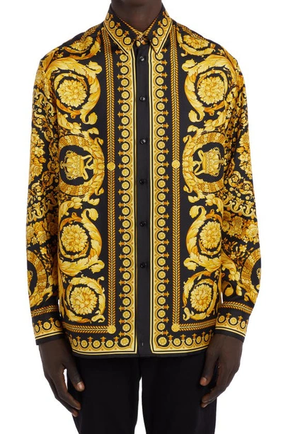 Versace Barocco Print Long-sleeve Silk Shirt In Gold