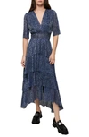 Maje Ruffini Metallic-thread Crepe Midi Dress In Blue