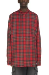 Balenciaga Plaid Hooded Flannel Button-up Shirt In Red Plaid