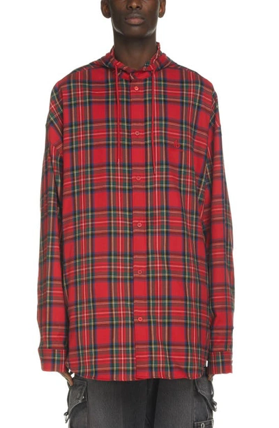 Balenciaga Plaid Hooded Flannel Button-up Shirt In Red