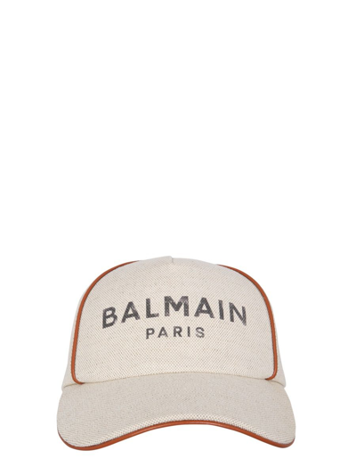 Balmain Leather-trimmed Printed Cotton And Linen-blend Canvas Baseball Cap In Neutrals