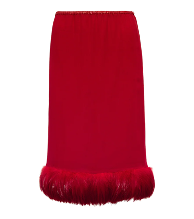 Saint Laurent Feather-trim Straight Silk Skirt In Red