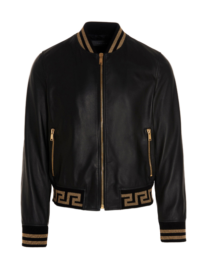 Versace Leather Jacket With Contrasting Greca Motif In Black