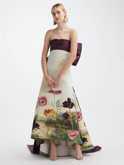 Oscar De La Renta Strapless Bow-embellished Silk-faille And Floral-print Taffeta Gown In Ivory Multi