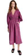 Ganni Shirred Gingham Seersucker Midi Dress In Carmine Rose