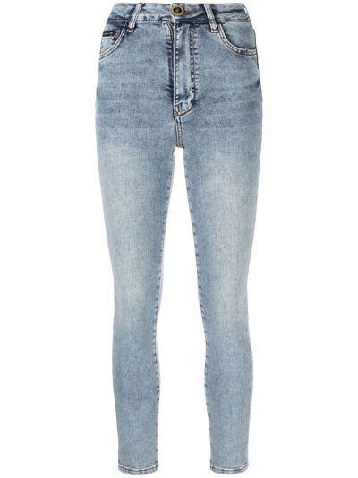 Philipp Plein Skull-embroidered High-waisted Jeans In Blau