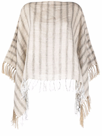 Brunello Cucinelli Striped Tassel-trim Poncho In Neutrals