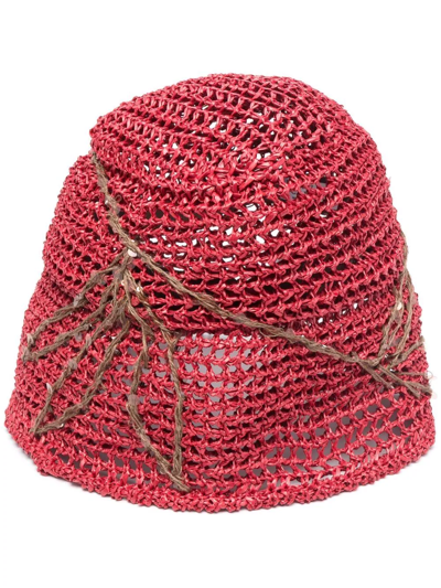 Brunello Cucinelli Embroidered Straw Bucket Hat In Red