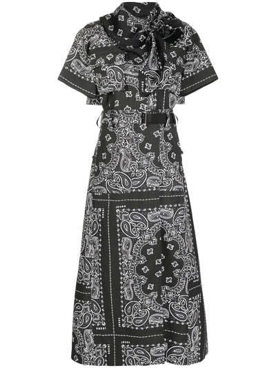 Sacai Belted Satin-trimmed Paisley-print Cotton Midi Dress In Black