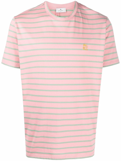 Etro Stripe Print Logo Embroidered T-shirt In Rosa
