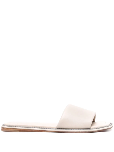Brunello Cucinelli Monili-embellished Leather Slides In Neutrals