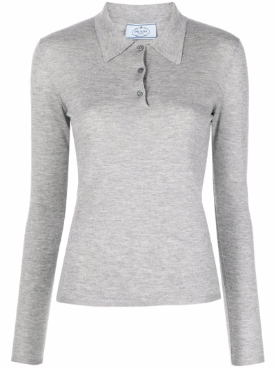 Prada Fine-knit Long-sleeved Polo Top In Grey