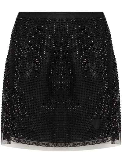 Prada Rhinestone-embellished Tulle Miniskirt In Black