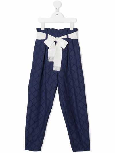 Monnalisa Kids' High-waisted Diamond-pattern Trousers In Blue