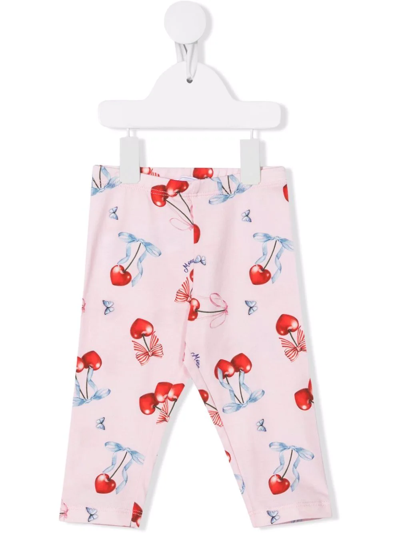 Monnalisa Babies' Cherry Embroidered Leggings In Red + Pink