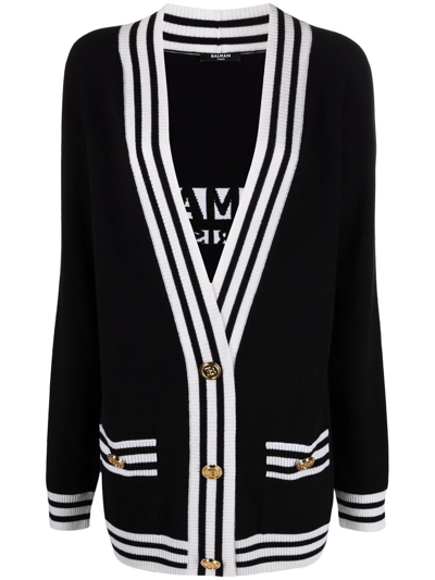 Balmain Two-tone Intarsia Wool-blend Cardigan In Black