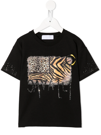 Roberto Cavalli Junior Kids' Animal-print Studded-logo T-shirt In Black